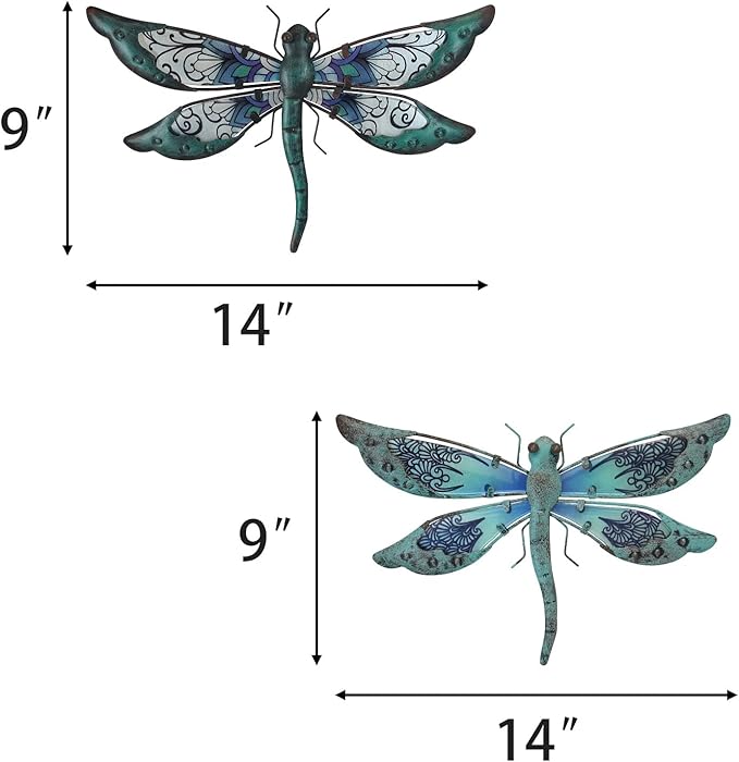 LIFFY Glass Metal Dragonfly Wall Decor Pair - Outdoor Wall Art for Garden and Home - Hanging Decor Gifts for Women, Light Blue