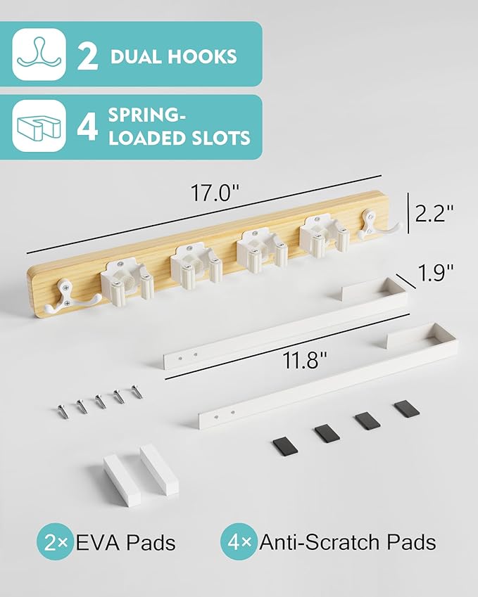 Mop and Broom Holder Wall Mount, No Drill Over the Door Broom and Mop Holder with 4 Slots and 4 Hooks, Wood Tool Hanger for Laundry, Cabinet, Kitchen, Garage