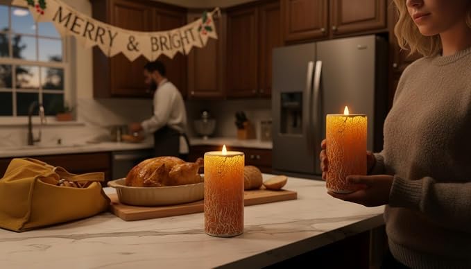Glass Flameless Pillar Candles Flickering with Remote Timer, Battery Operated LED 3D Moving Flame Real Wax Candles,Remote Included (Honey Yellow Cracked Glass)