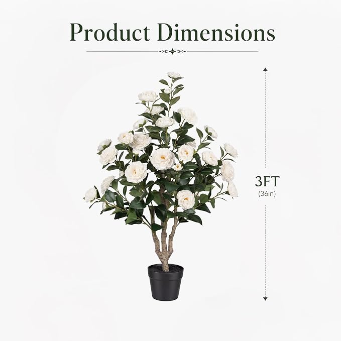 3FT Artificial Camellia Tree 2 Pack, UV Resistant Faux Camellia Plants with Realistic White Flowers, Tall Fake Potted Trees for Front Porch Patio Garden Home Decor, Indoor Outdoor