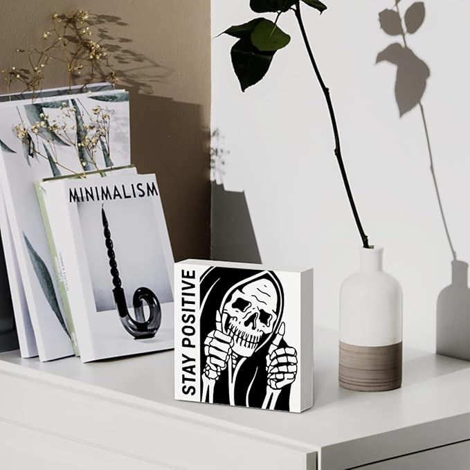 Inspirational Skeleton Man Wooden Box Sign Plaque Stay Positive White Wood Box Sign Rustic Art Home Office Shelf Desk Decor 5 x 5 x 1.2 Inches