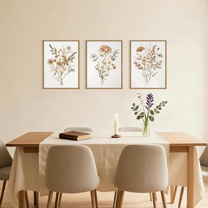 KAIRNE Neutral Boho Floral Framed Canvas Wall Art Set, Vintage Botanical Flower Wall Decor, Minimalist Wildflower Art Prints, Modern Beige Artwork for Living Room, Bedroom, Farmhouse, Office-12"x16"x3