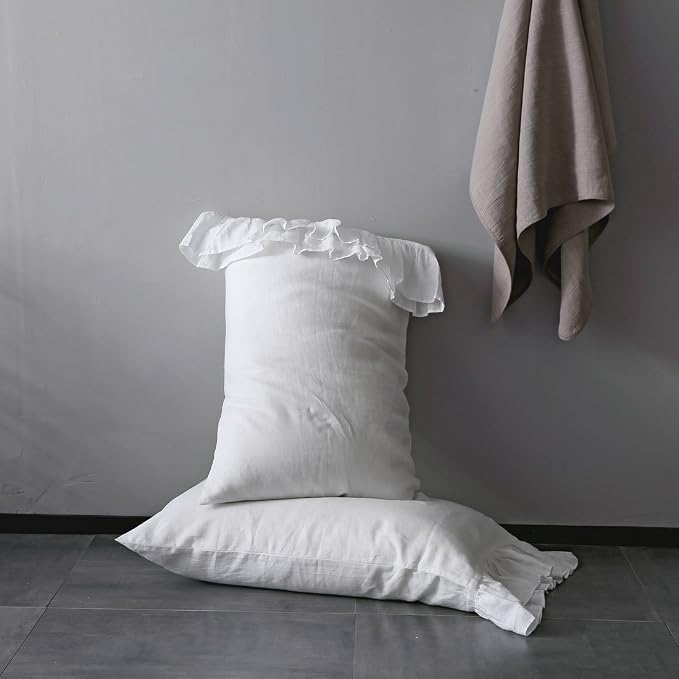 Ruffles Linen Pillowcase. Pure Flax Pillow Sham 100% French Linen Ruffled Pillow Cover, Standard, Queen, King Size 1 PCS (Twin, White)