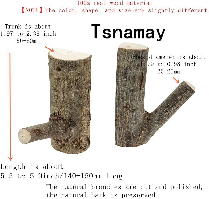 2Pcs Real Wood Tree Branch Wall Hook,Thickness 5cm-6cm with Screw | Farmhouse Rustic Decorative Wooden, with Bark Trunk