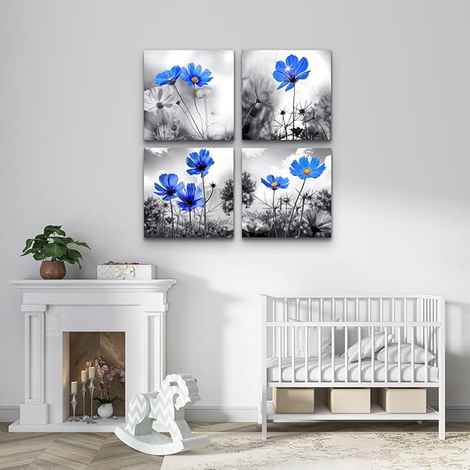 Wall Art For bedroom Black and White cyan blue flower Canvas Wall Decor for Home Decor artwork painting 12" x 12" 4 Pieces Canvas Print For Living Room Decor Modern Salon kitchen Still Life Painting