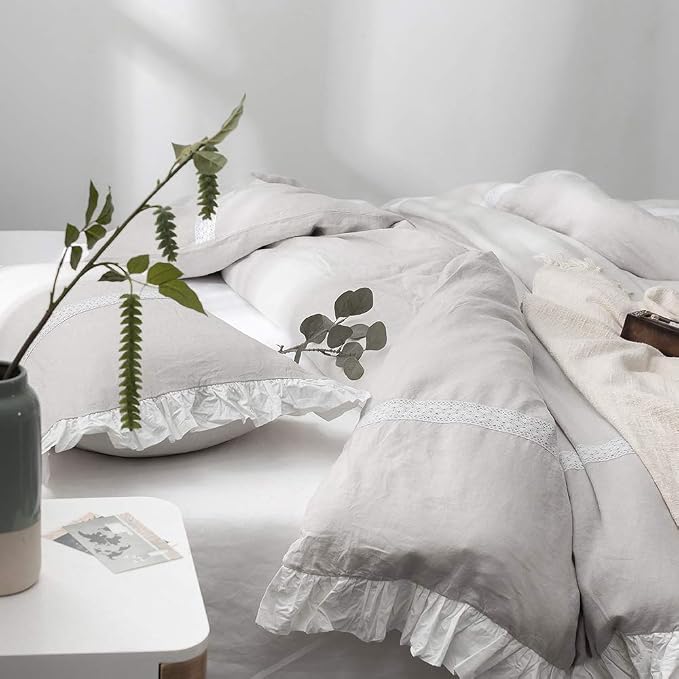 Simple&Opulence 100% Linen Duvet Cover Set (68''x86'') Frill Floral Flax Twin Size, Shabby Chic Ruffle Edge Lace Insert Decoration, 2 Pcs Farmhouse Bedding-1 Comforter Cover 1 Pillow Sham, Floral Grey