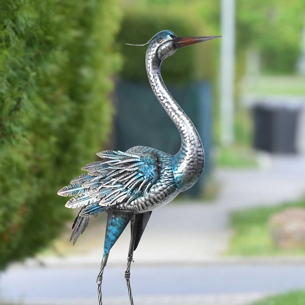Crane Outdoor Decor Statue, Blue Heron Garden Statue Metal Yard Art Outdoor Decoy, Garden Sculptures & Statues for Yard/Lawn/Pond/Outdoor Decoration, 1Pc