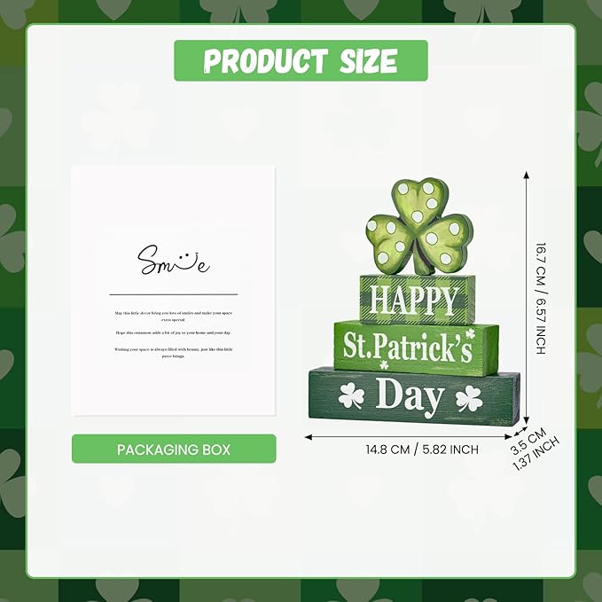 Smile St.Patrick's Day Wooden Stacked Block Decor HAPPY St. Patrick's Day, Shamrock Rustic Tabletop Shelf Lucky Holiday Decoration