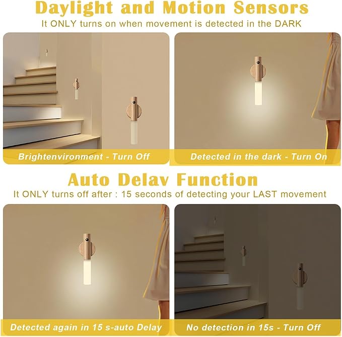 LANDGOO Wooden Motion Sensor RGB Night Lights Indoor, Magnet Body Hallway Rechargeable LED Wireless Battery Operated Wall Sconce (Ash Wood 1P)