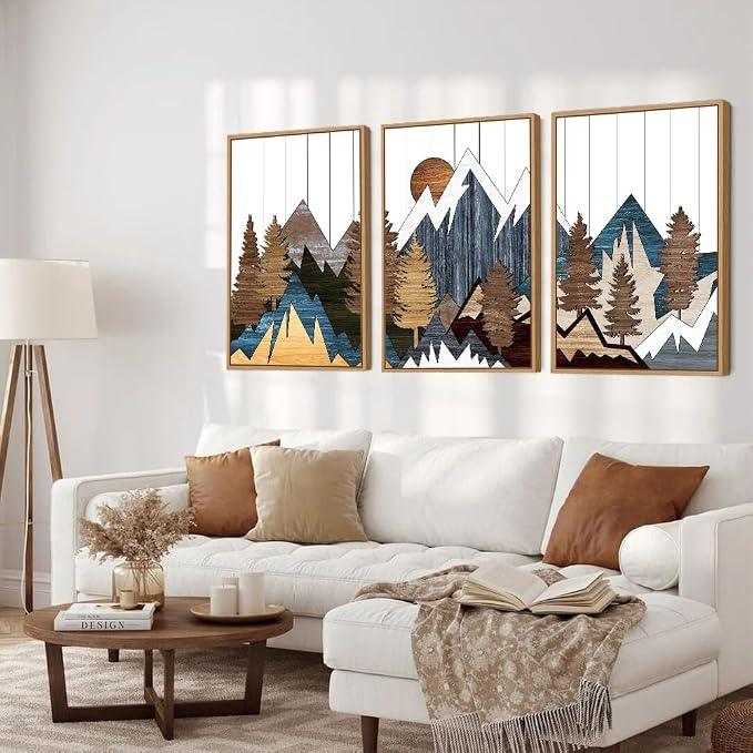 CHDITB Mountain Wall Art Prints Set, Country Woodcut Wall Decor, Rustic Forest Pictures Artwork, Nature Landscape Decoration, National Park Framed Canvas Paintings For Living Room Bedroom 16"x24"X3
