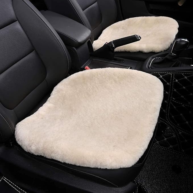 OGLAND 2 Pack Fuzzy Genuine Sheepskin Car Seat Covers for Auto Fluffy Wool Interior Cushion Accessories with Soft Natural Fur Non-Slip (20inchs 2Pieces, Pearl)