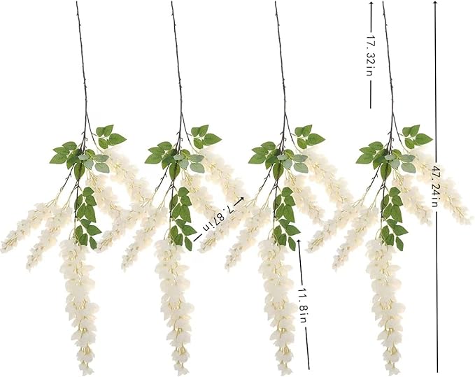 4pcs 47.2-inch Artificial Fake Wisteria Hanging Flower Garland Silk Flower String Home Party Decoration White Blue Pink Purple (White)
