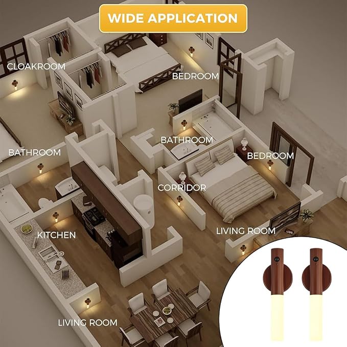 LANDGOO Wooden Motion Sensor Lights Indoor, Magnet Body Hallway Rechargeable LED Wireless Battery Operated Wall Sconce,