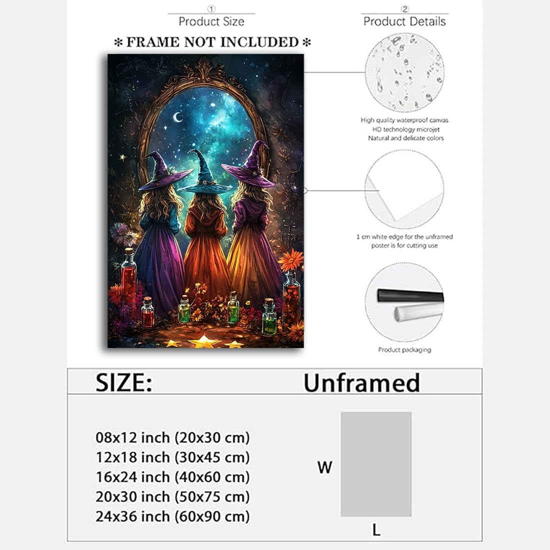 Witch Poster Halloween Fall Wall Art Decor,Three Witches with Magic Potion Mirror Colorful Vintage Print,Dark Academia Spooky Canvas Art Prints for Home Living Room,16"x24" Unframed