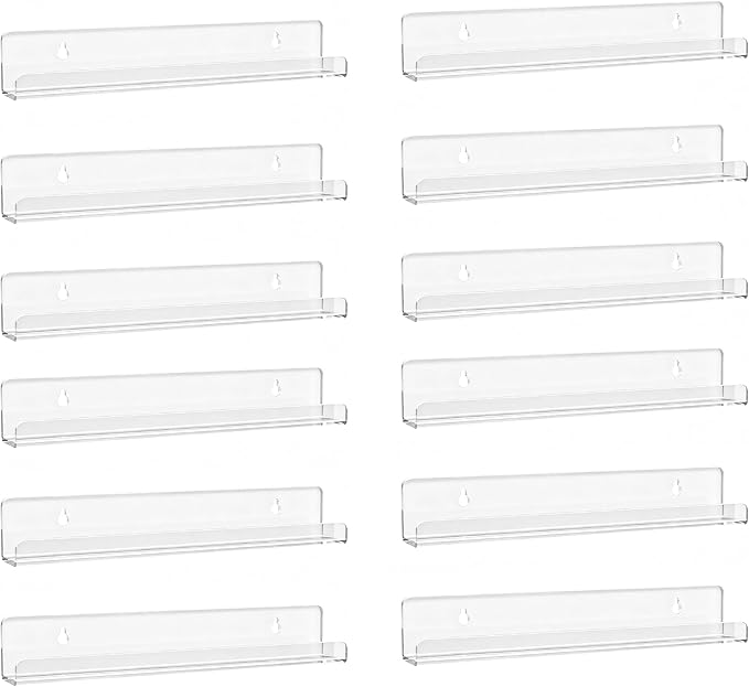 Laurensory 12 Pack Vinyl Record Shelf Wall Mount, 12-Inch Clear Acrylic Album Storage Holder, Floating Display Shelves for Wall Decor, Magazine Shelf, Kids Bookshelf, Suitable for Bedroom, Living Room