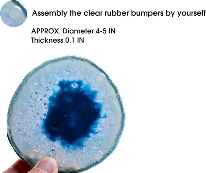 AMOYSTONE 4pcs Agate Gemstone Coasters Cup Holders Drinks Stone Mat Light Blue 4-5" with Rubber Bumper