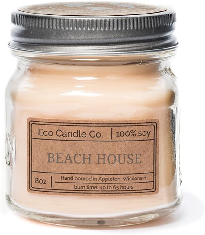 ECO CANDLE CO. Mason Jar Candle, Beach House, 8 oz. - Scents of Melons & Ocean Air - 100% Soy Wax, No Lead, Kraft Label & Antiqued Pewter Lid, Hand Poured, Made from Midwest Grown Soybeans