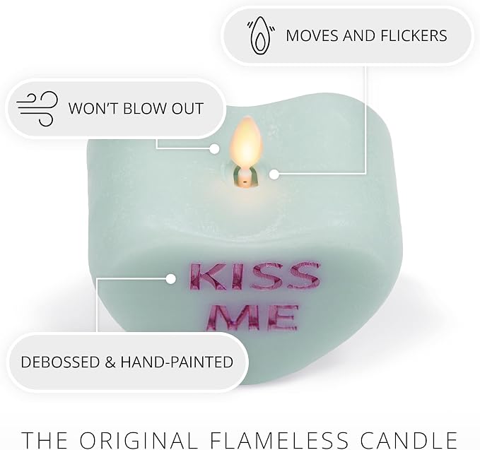 Luminara Candy Heart Kiss Me Fresh Mint Candle- Flameless Real-Flame Romantic Battery Operated LED Decor- Valentine's Day Collection- 3.5" x 4.5"