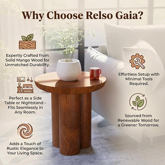 Relso Gaia Round End Table for Living Room and Farmhouse | Solid Mango Wood for Rustic Elegance | Ideal for Side Tables, Nightstands & More | Wood Side Table Round for Bedroom (Walnut)