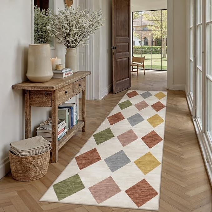 PureCozy Checkered 2x8 Runner Rug for Hallways Colorful Washable Long Carpet Non-Slip Low Pile Modern Soft Indoor Accent Throw Rugs for Entrance Kitchen Bedroom Dining Laundry