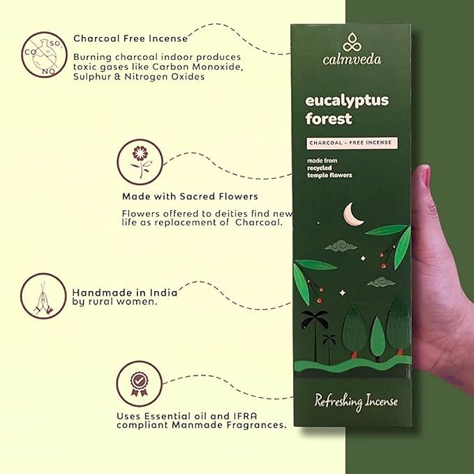 Calmveda Forest Eucalyptus Incense Sticks - 80 Charcoal Free Incense Sticks, Made from Upcycled Flowers | Crisp, Refreshing Aroma of Rainforest, Transports You to Eucalyptus Forest