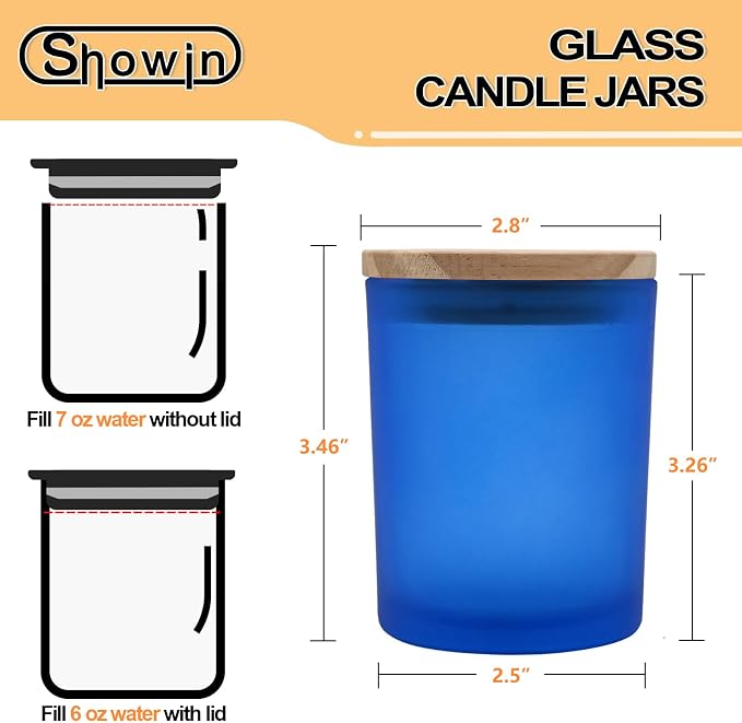 SHOWIN Thick Candle Jars for Making Candles 12 Pcs, 7 OZ Empty Jars with Wood Lids for Candle Making, Sample Container, Frosted Blue