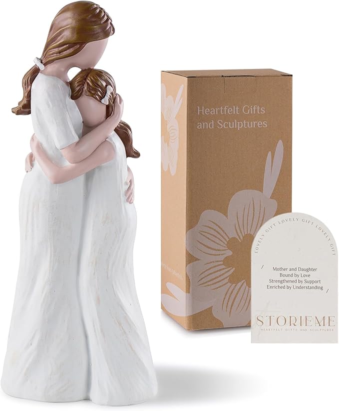 Storieme Mother Daughter Figurines Gift: Hand-Painted Mother Embracing Daughter Resin Figurines Sculpture - Heartfelt Gift for Moms on Mother's Day Birthday Christmas