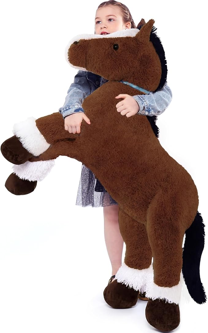 Tezituor 4ft Realistic Horse Stuffed Animal, 47inches Chocolate Stuffed Horse Farm Plush Toy, Hugging Soft Pony Plush Body Pillow Theme Decor Gift for Boys Girls