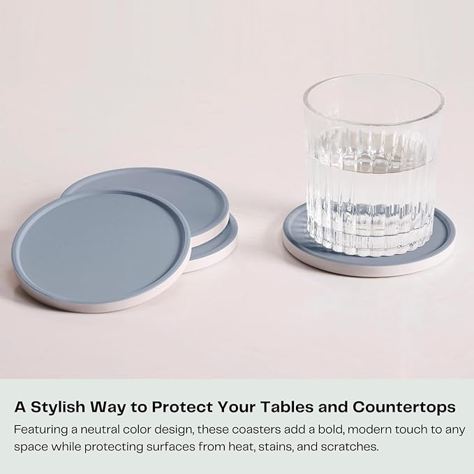 Set of 6 Dusty Blue Coasters with Holder, Absorbent Ceramic Drink Coasters with Cork Backing for Table Protection, Table Decor, Housewarming Gifts