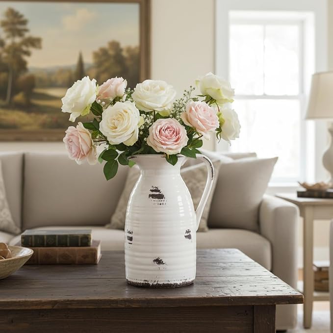 hjn Farmhouse Pitcher Vase for Flowers- Ceramic Pitcher Vase Decrative Pitchers for Your Kitchen/Home Decor/Office/Living Room/Bookshelf/Mantel/-White and Antique