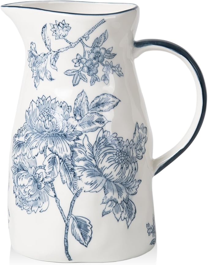 Ceramic Pitcher Vase, Blue and White Jug for Home Decor, Chinoiserie Vase Decor, Decorative Pitcher with Handle