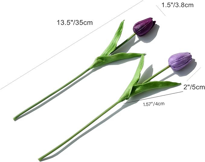 Mandy's Shades of Purple Artificial Tulips Flowers Centerpiece, 13.5" Lifelike PU Fake Floral Stems 20pcs for Kitchen Island & Dining Table, Spring Decor for Easter