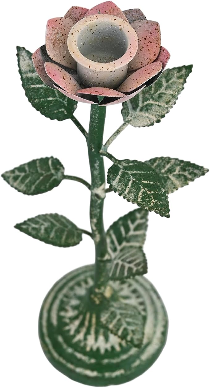 2-Piece Vintage Rose Taper Candle Holders, Distressed Green Metal Candlestick Stands with Pink Floral Design, 12.2" Tall Rustic Farmhouse Tabletop Decor for Wedding, Dining & Home