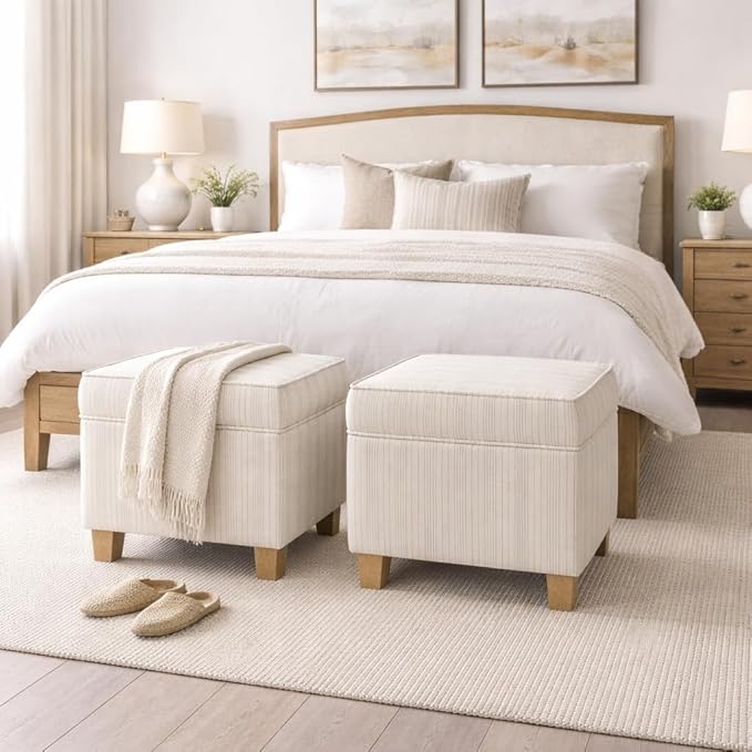 Homepop Home Decor Classic Square Storage Ottoman with Lift Off Lid | Ottoman with Storage for Living Room & Bedroom, Marigold Pinstripe Cream Fabric