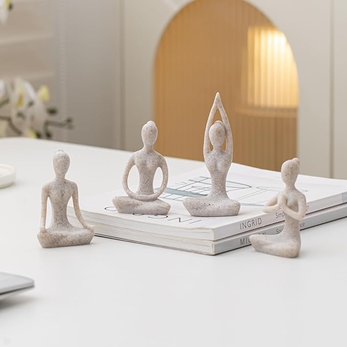 OwMell Lot of 4 Meditation Yoga Pose Statue Figurine Ceramic Yoga Figure Set Decor - Stone