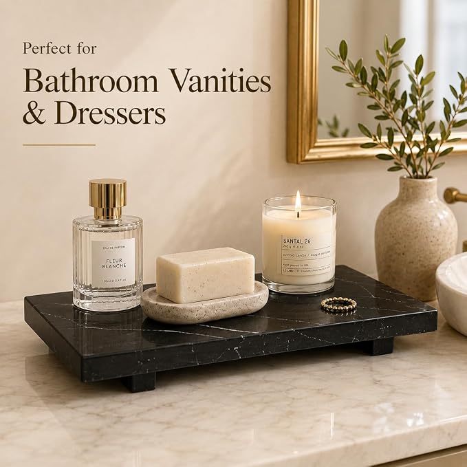 Black Marble Large Pedestal Tray for 13.8 in | Vanity Tray for Perfume, Jewelry, Keys and Candles, Catchall Tray for Bathroom Counter, Dresser and Entryway Decor