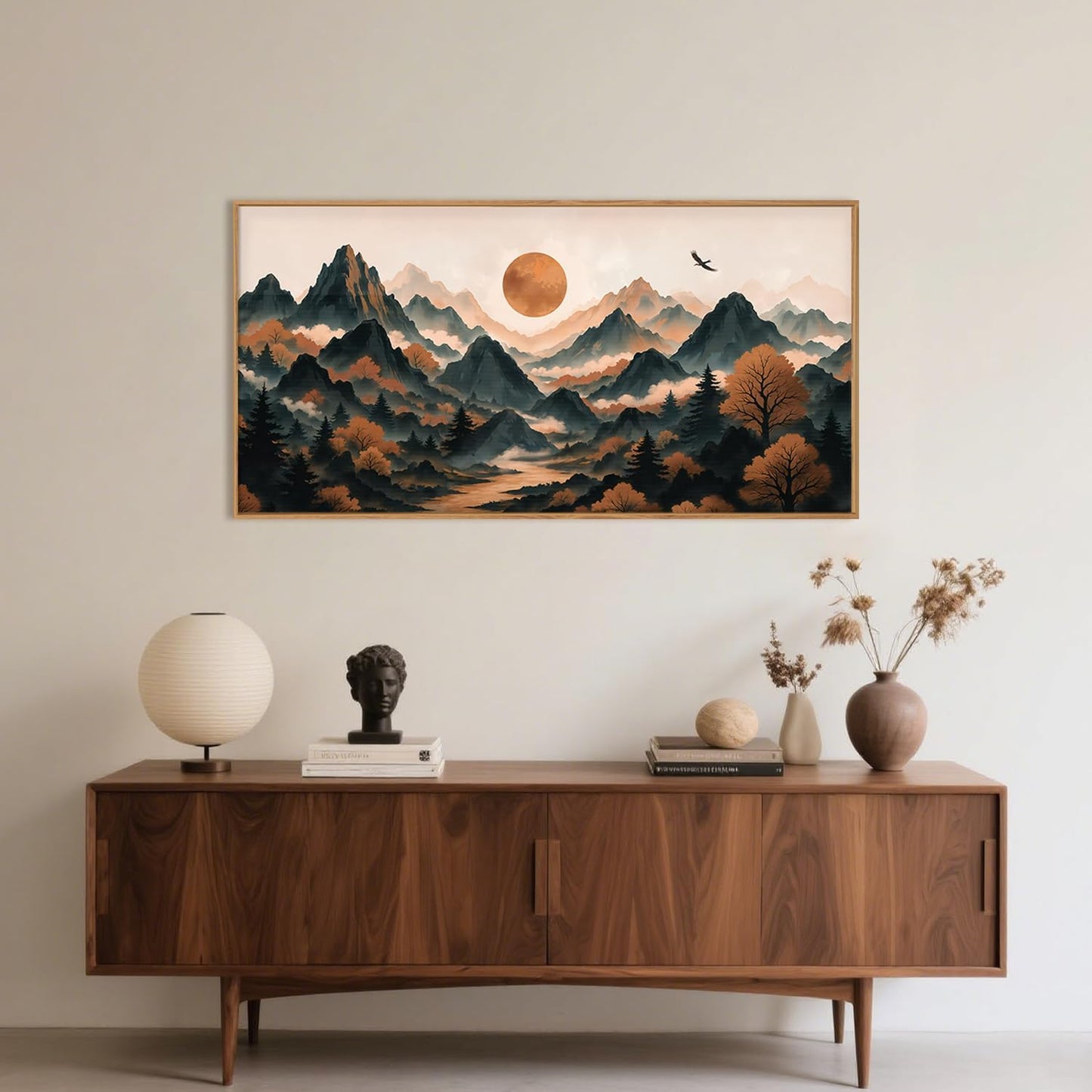 Large Boho Mountain Framed Canvas Wall Art Set, Brown Ridge Landscape Wall Decor, Pine Tree Scenery Wall Painting, Abstract Wilderness Art Print for Living Room, Bedroom, Office - 20X40