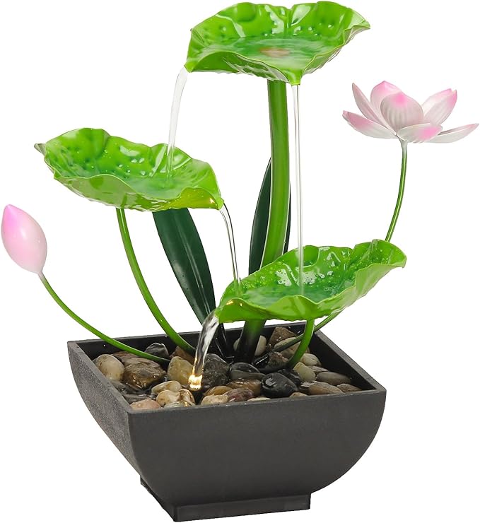 Water Fountain Indoor Waterfall Fountain 3-Tier Tabletop Fountain Lotus Desk Relaxation Home Decor Including Lots of Rocks and Soothing Sound Machine (Green 2)