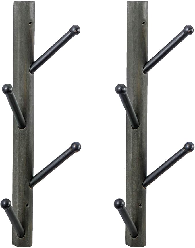 MyGift Wall Mounted Coat Rack Tree, Vintage Gray Weathered Solid Wood and Black Metal Hat Hanger with 4 Hooks, Vertical Entryway Hanging Garment Rack with Branch Style Hooks, Set of 2
