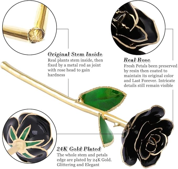 24K Gold Dipped Black Rose Long Stem Forever Preserved Rose Flowers, Christmas Day Valentine's Day Anniversary Birthday for Her Women Wife Mother Girlfriend, Black Rose with Stand