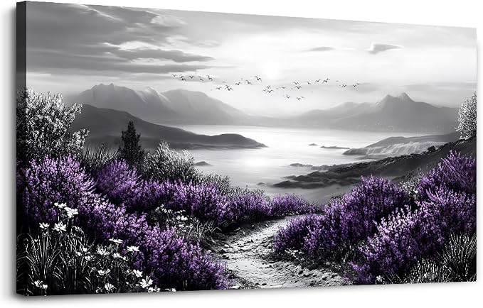 KELIYUAN Black And White Home Decoration Canvas Wall Art For Restaurant Natural Landscape Painting Printing Landscape Purple Grass Picture Suitable For Living Room Bedroom Office Wall Decor 20x40In
