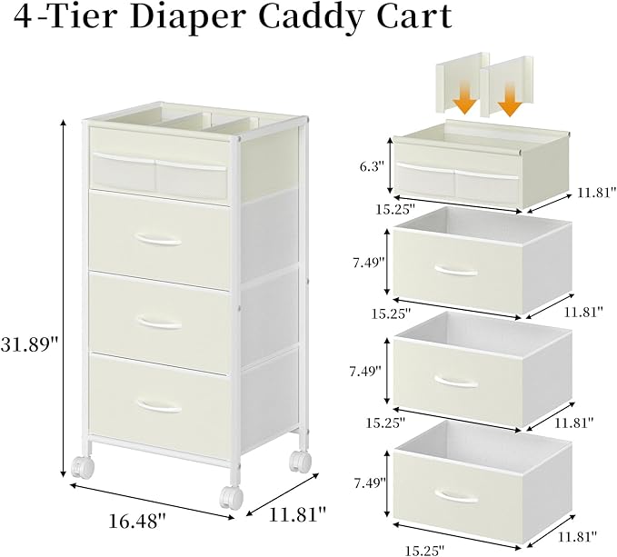 4-Tier Baby Diaper Caddy Organizer Cart with 3 Storage Drawers, Rolling Cart with Dividers & Side Pockets for Nursery, Baby Essentials, Toys, Wipes & Creams, Portable Kids Storage Cart & Station