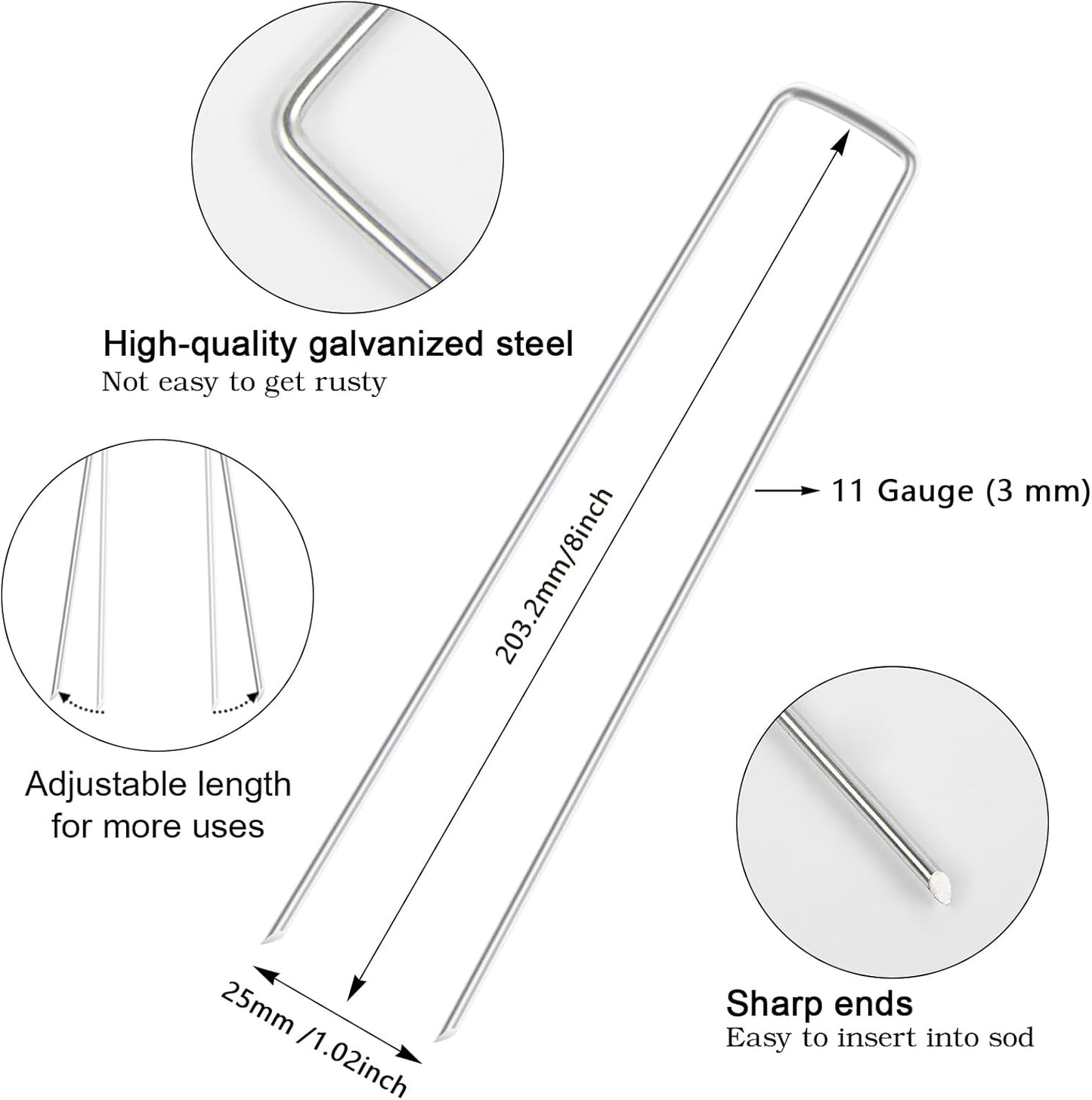 FEED GARDEN 8 Inch 50 Pack Galvanized Landscape Staples 11 Gauge Anti-Rust Garden Stakes Landscaping Fabric SOD Pins Yard Stakes for Weed Barrier Fabric