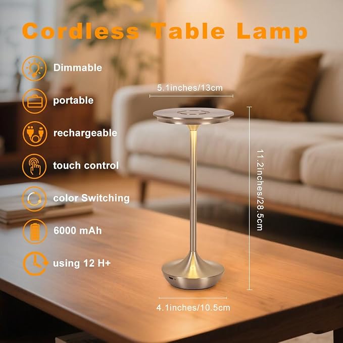 Cordless Table Lamp Set of 2,Portable Rechargeable 6000mAh Outdoor LED Table Lamps,3 Color Stepless Dimming Touch Battery Powered Lamp, Table Light for Restaurant/Patio/Camping/Bedroom(Silver)