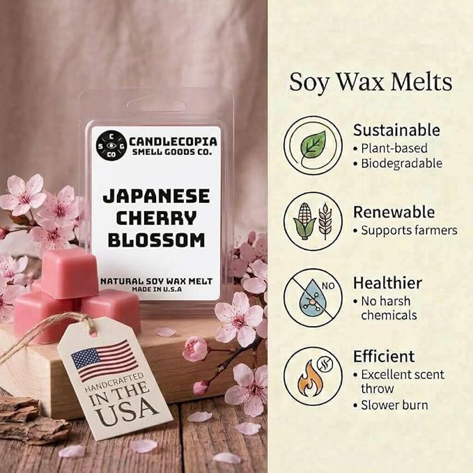 Japanese Cherry Blossom Strongly Scented Hand Poured Vegan Wax Melts, 12 Scented Wax Cubes, 6.4 Ounces in 2 x 6-Packs