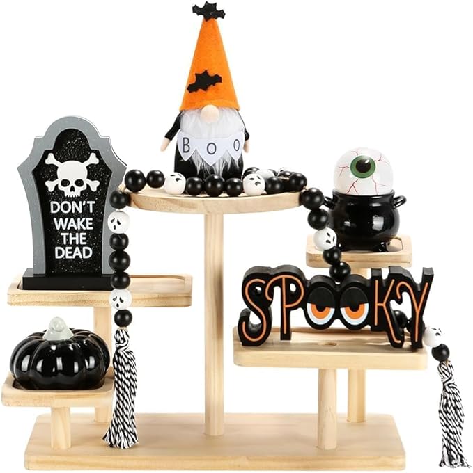 Halloween Decorations 6PCS Tiered Tray Decor, Cute Tabletop Halloween Decor for Home Office Tray Shelf Mantel Table Centerpieces Farmhouse Rustic Spooky Wood Signs