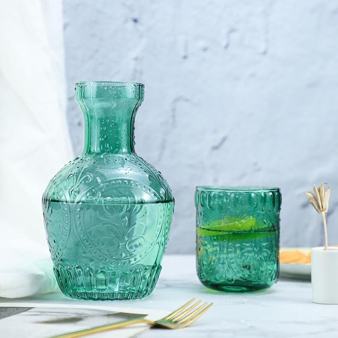 Retro Relief Glass Bedside Night Water Carafe with Tumbler Glass, Pitcher And Cup Night Set-Green