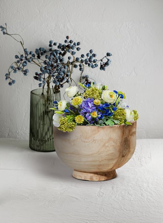 Serene Spaces Living 11" Paulownia Wood Round Bowl, Handmade Wooden Decorative Bowl Fruit Basket for Décor, Parties, Wedding Centerpiece, Floral Arrangements, 7" Tall and 11" Diameter, Pack of 6