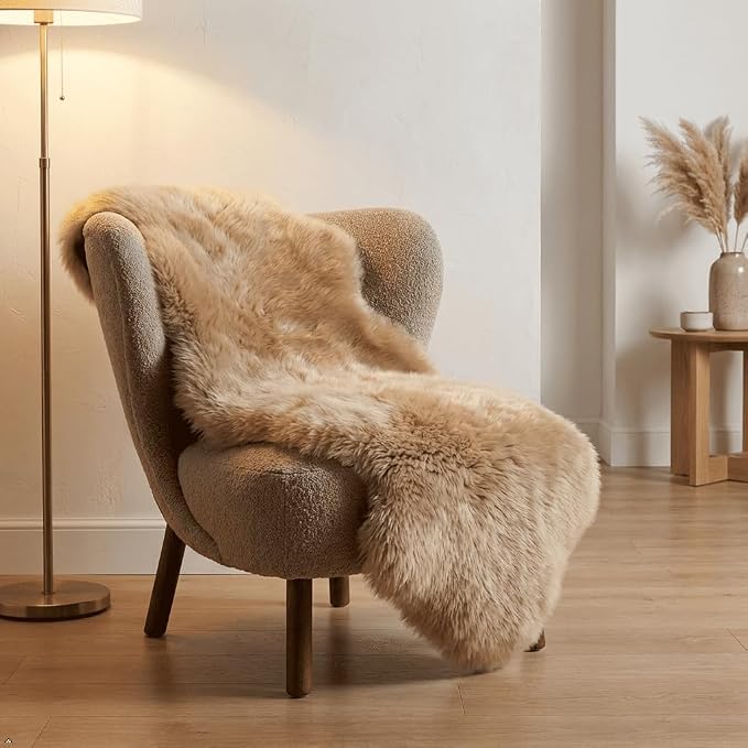 Fluffy Genuine Sheepskin Rug, Fuzzy Shaggy Fur Area Rug, Soft Fur Prayer Pup Mat Carpet, Chair Sofa Seat Cover, Bedroom, Living Room Double Pelts (Light Brown, 2x6ft)
