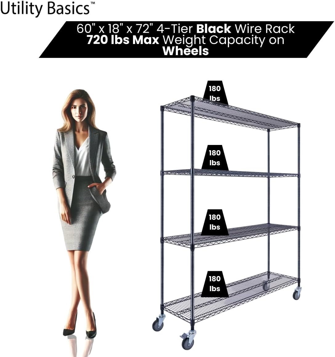 60"x18"x72" Black Premium Metal Steel Wire Shelving 4-Tier NSF 3200 LBS MAX Capacity Heavy Duty Storage Rack for Garages, Commercial Spaces, Hospitals, & Schools w/Premium Wheels
